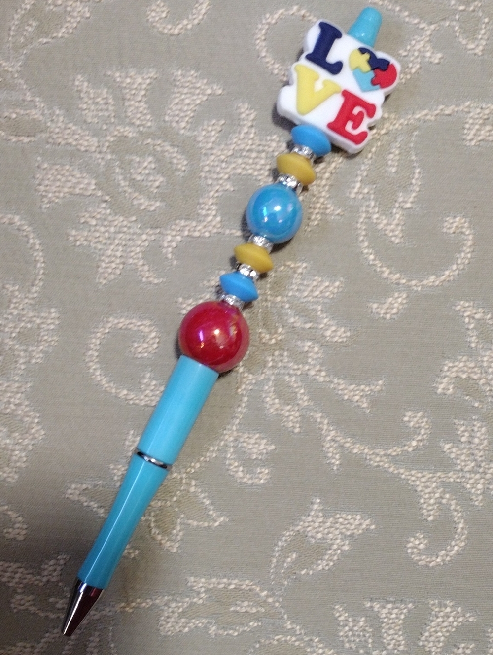 Beaded Love Pen in Sky Blue with Colorful Accents